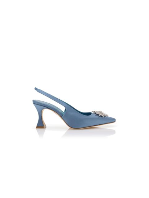 Blue Satin Crystal Embellished Slingback Pumps