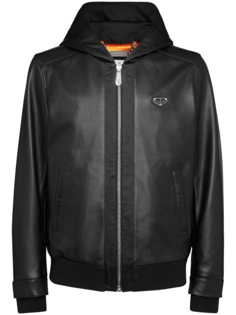 leather hooded bomber jacket