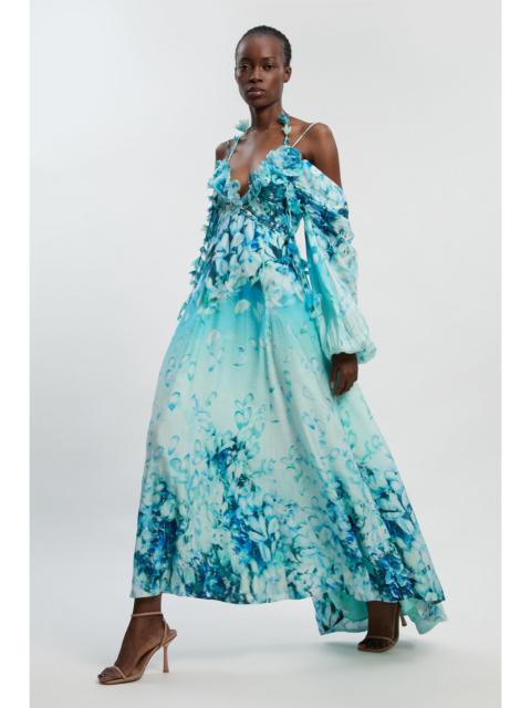 Floral Applique Printed Cold Shoulder Woven Maxi Dress