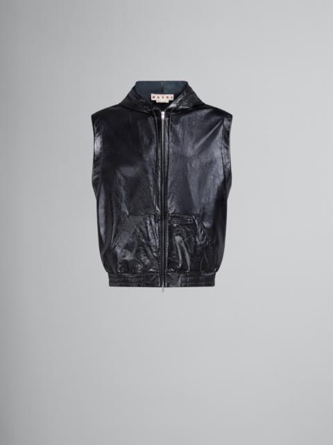 BLACK ULTRALIGHT NAPLAK LEATHER VEST WITH HOOD