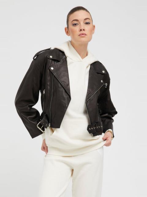 BLACK LEATHER EYELET LACE-UP MOTO JACKET