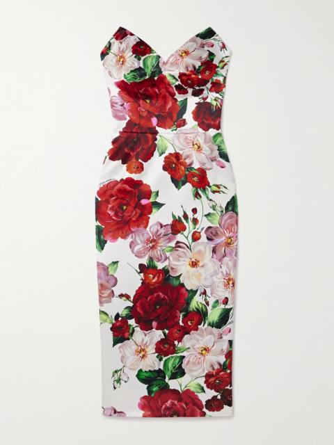 Strapless Floral-print Satin Bustier Midi Dress