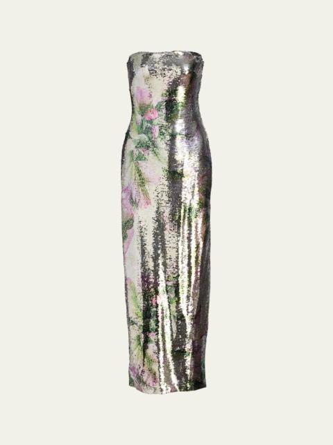 Floral-Print Sequined Strapless Column Gown
