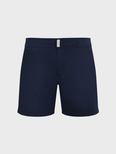 Men Flat Belt Stretch Swim Trunks Solid