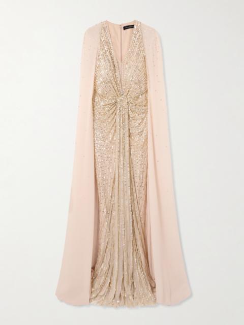 Zenith Cape-effect Embellished Sequined Chiffon Gown