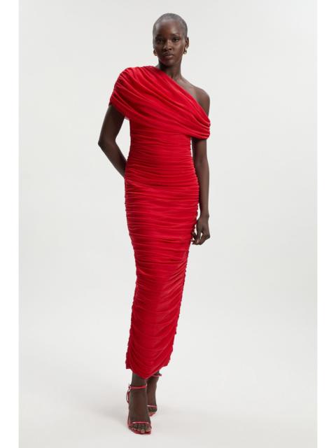 Bandage Mesh Gathered Asymmetric Neck Knitted Maxi Dress