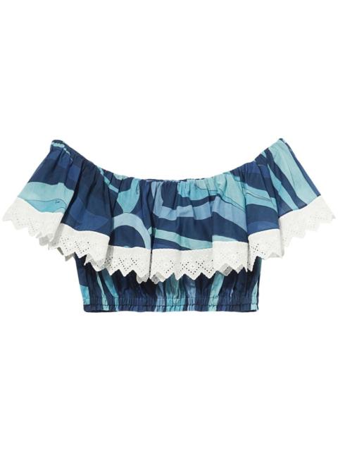 wave-print ruffle-detailing top