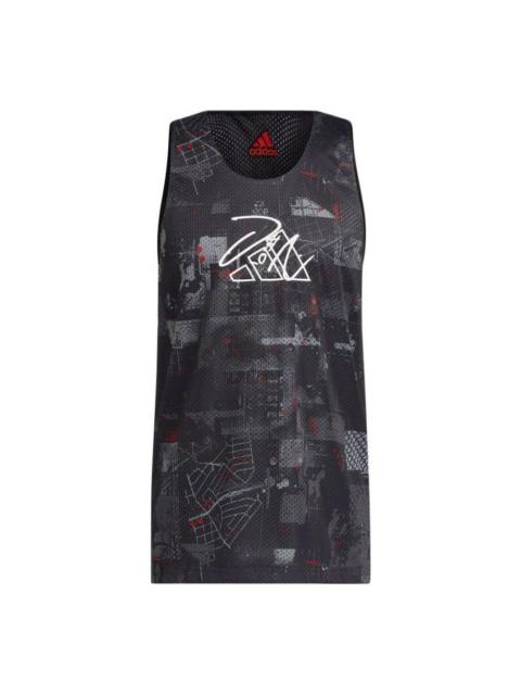 Men's adidas Geometry Pattern Logo Printing Straight Sports Black Vest HE6377