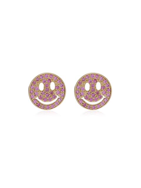 Happy Face 14K Yellow Gold Sapphire Earrings pink