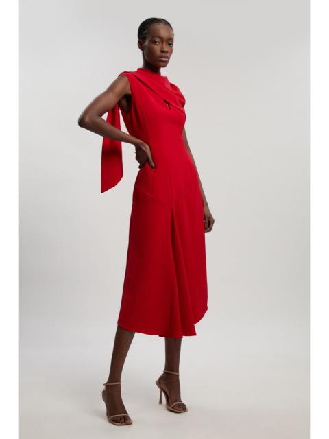 Tailored Crepe Cape Asymmetric Cape Neck Detail Midi Dress