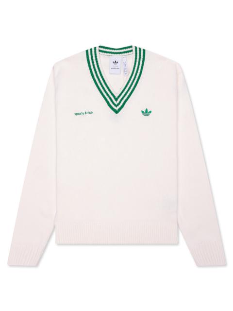 WOMEN'S ADIDAS X SPORTY & RICH V-NECK SWEATER - OFF WHITE/NIGHT NAVY