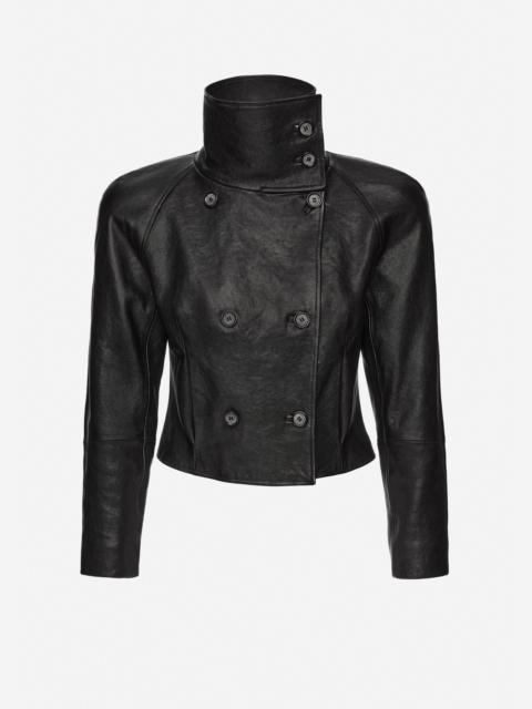 High-collar cropped leather jacket in black