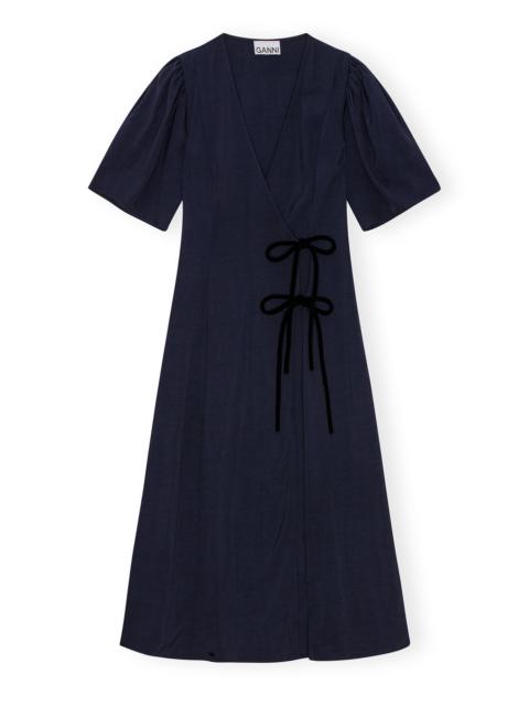 GANNI NAVY BLUE VISCOSE TWILL WRAP MIDI DRESS - F9577 | REVERSIBLE
