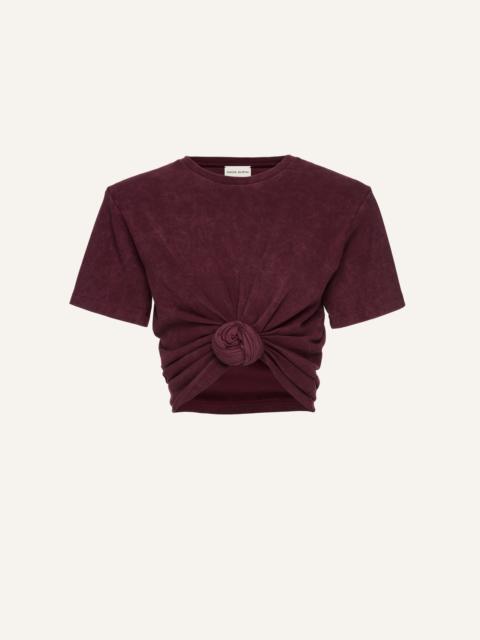 Knotted ribbed t-shirt in vintage burgundy