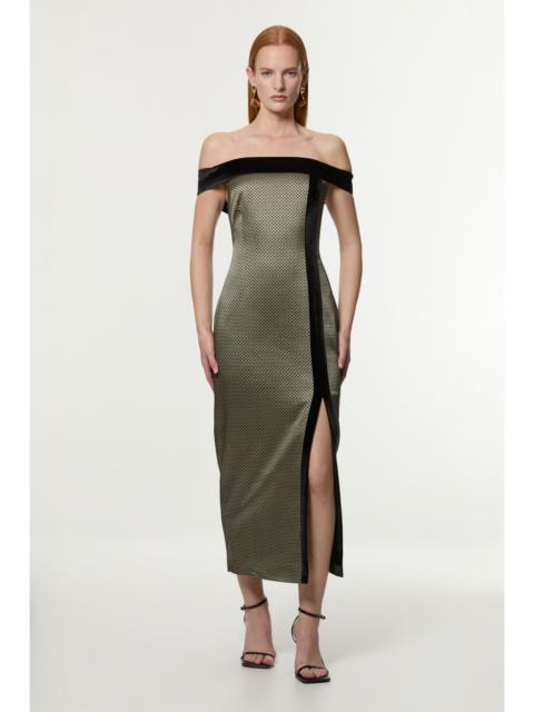 Petite Geo Jacquard Velvet Mix Tailored Bardot Midi Dress