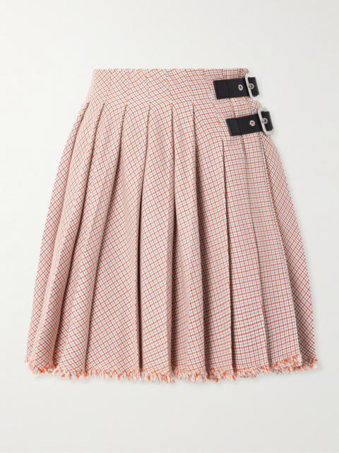 Belted Pleated Frayed Checked Cotton And Wool-blend Mini Skirt