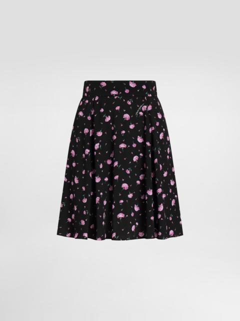 Carnations-print silk canvas skirt