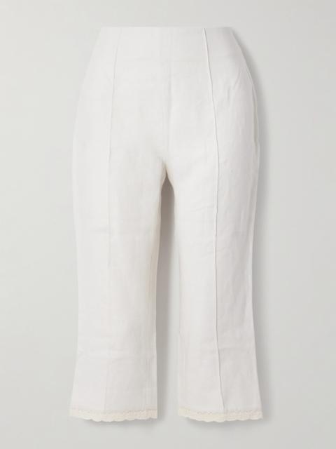 Effi Capri Crocheted Lace-trimmed Linen Slim-leg Pants