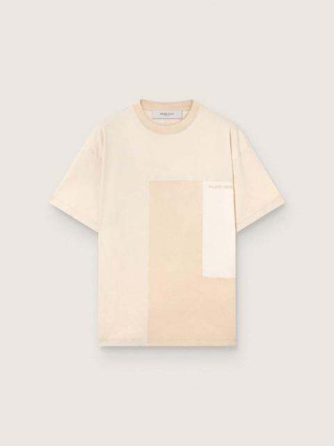 Men's T-shirt in cotton jersey with white and beige patchwork effect