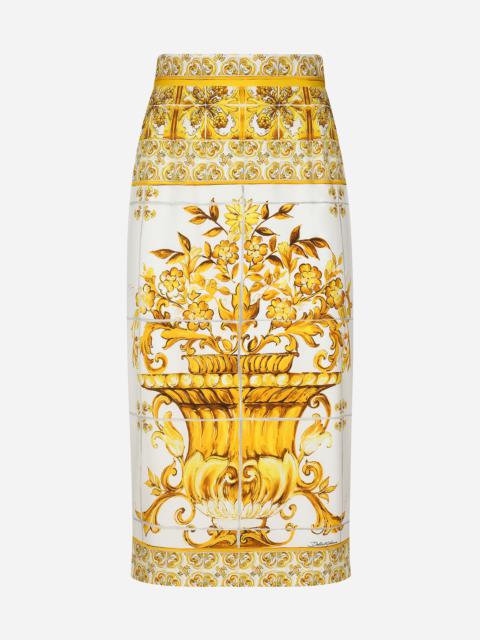 Majolica-print silk charmeuse calf-length skirt