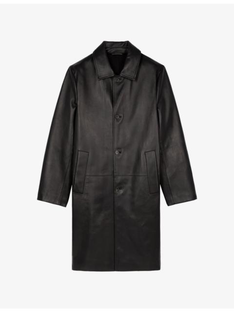 Side-Pocket Long Leather Coat