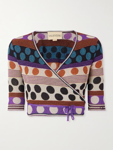 Cropped Ribbed Metallic Jacquard-knit Wrap Cardigan