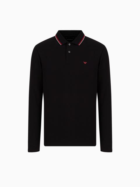 Long-sleeved stretch piqué polo shirt with micro eagle embroidery