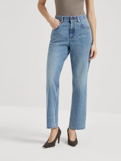 Authentic denim retro five-pocket trousers with monili