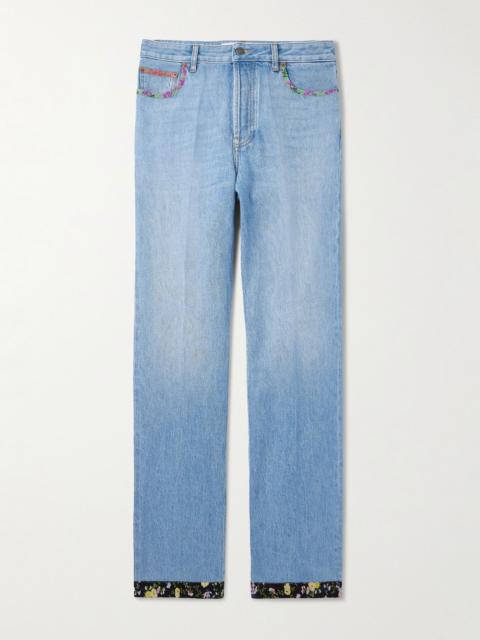 Straight-Leg Floral-Trimmed Jeans Blue