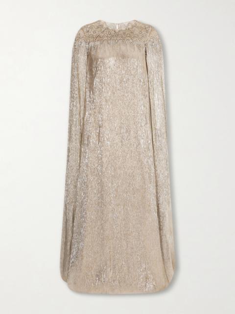 Cape-effect Crystal And Sequin-embellished Tulle-trimmed Lamé Gown