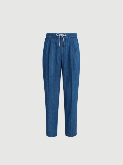 Lightweight denim trousers with drawstring and double pleats
