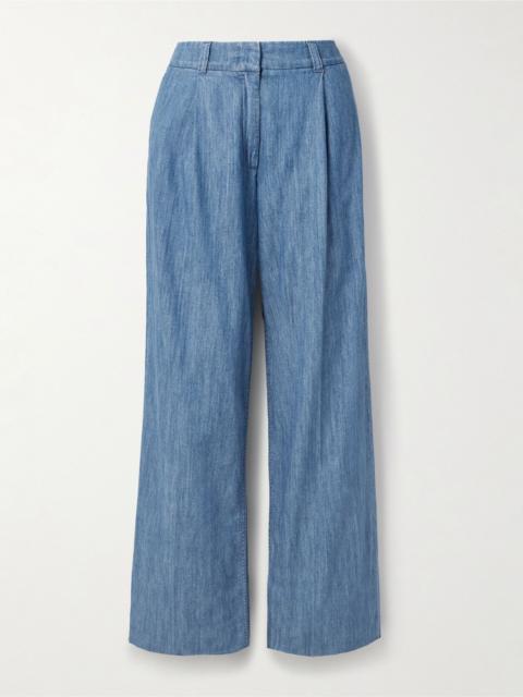 Pleated organic cotton-chambray wide-leg pants Blue