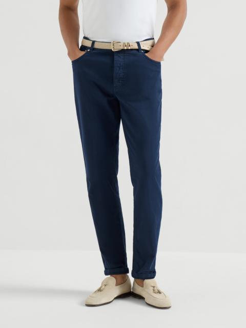 Garment-dyed comfort lightweight denim traditional fit five-pocket trousers