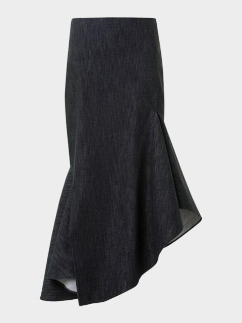 Asymmetric Flared-Hem Stretch Denim Midi Skirt