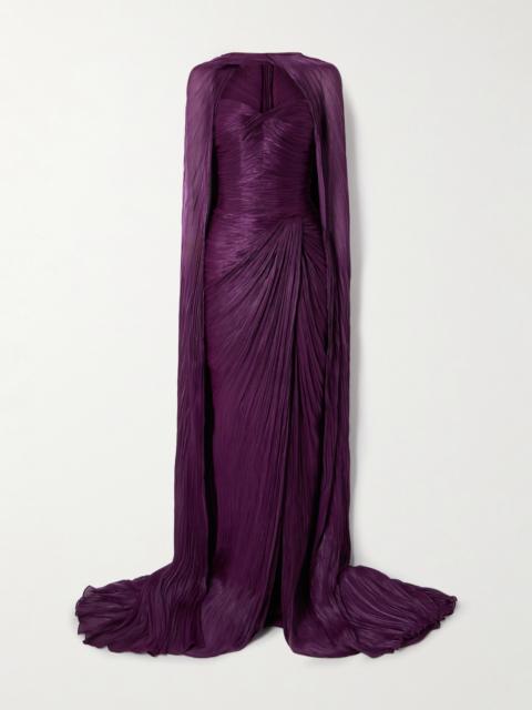 Cape-effect Plissé Silk-satin Gown