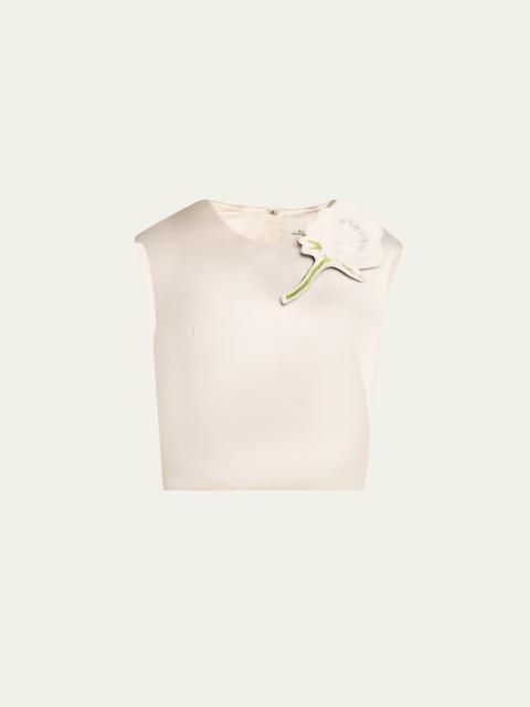 Floral Brooch Cropped Silk Shell Top