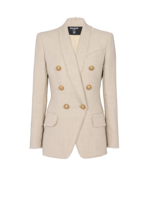 Fringed linen jacket with shawl collar