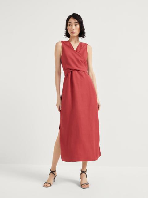 Viscose and linen fluid twill wrap-effect dress with monili