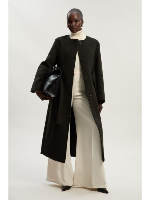 Brushed Wool Single Breasted Belted Tailored Maxi Coat