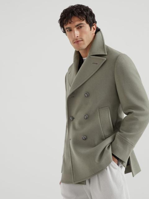 Wool flannel double cloth pea coat with metal buttons