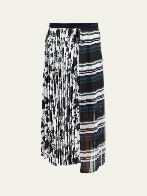 Mixed-Print Pleated Midi Skirt