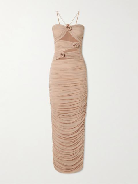 Veranera Appliquéd Ruched Cutout Stretch-jersey Halterneck Maxi Dress