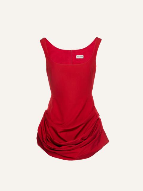 Round neck ruched cotton mini dress in red