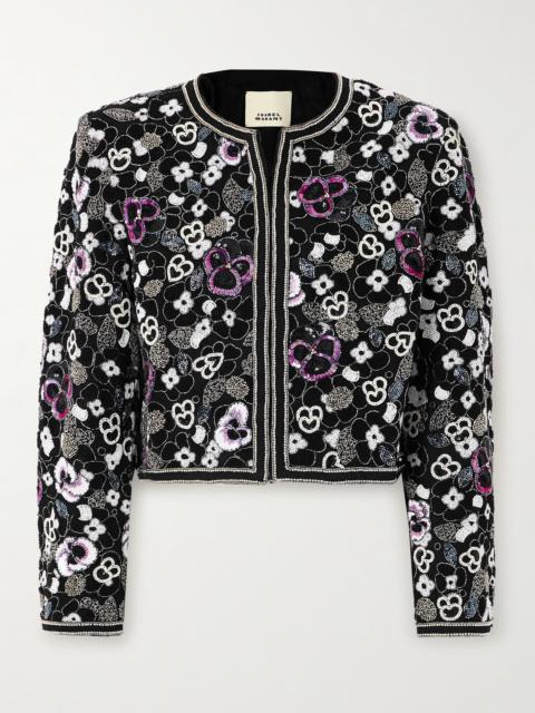 Aurely Embellished Bouclé-trimmed Cotton-twill Jacket