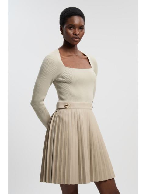 Viscose Rib Pu Mix Tab Detail Pleated Knit Mini Dress