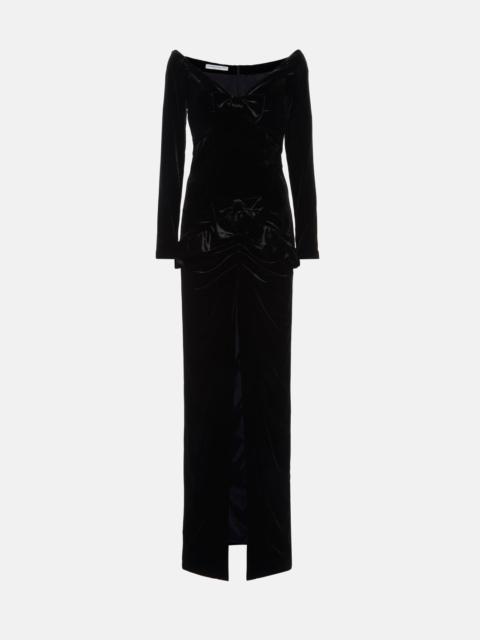 VELVET OFF THE SHOULDER GOWN WITH BOWS AND SPLIT