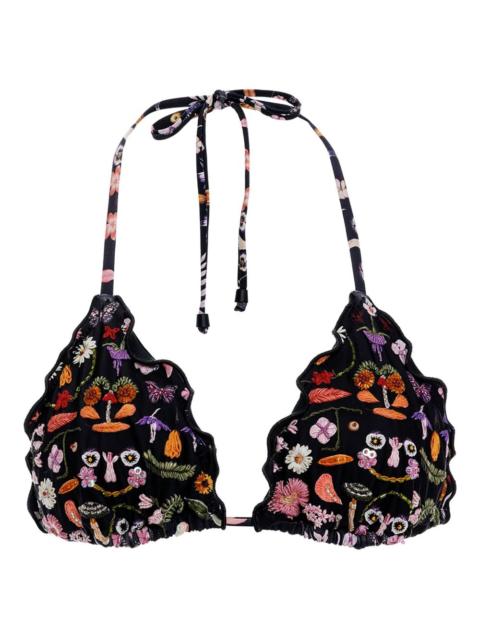embroidered ruffled bikini top