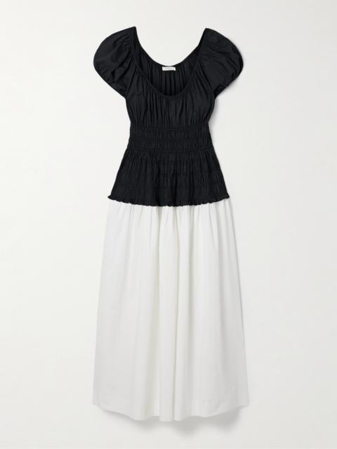 Enya Two-tone Ruched Organic Cotton-poplin Midi Dress
