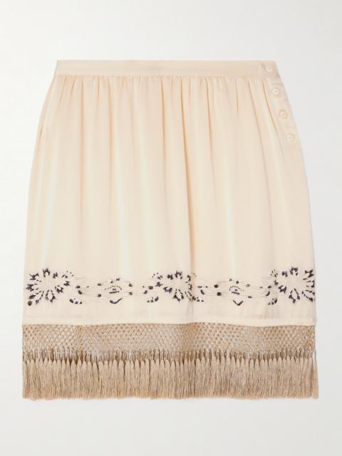 Phantasm Fringed Embroidered Silk-satin Mini Skirt