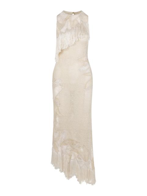 Maureen Fringed Knit Silk Maxi Dress ivory